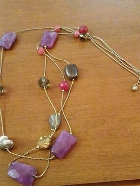 Silver Tone Multi-Strand Necklace with Purple and Pink Beads